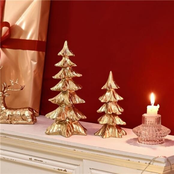Gold Christmas Tree Figurines, Small Resin Christmas Trees Home Decor, Tabletop - Picture 5 of 8
